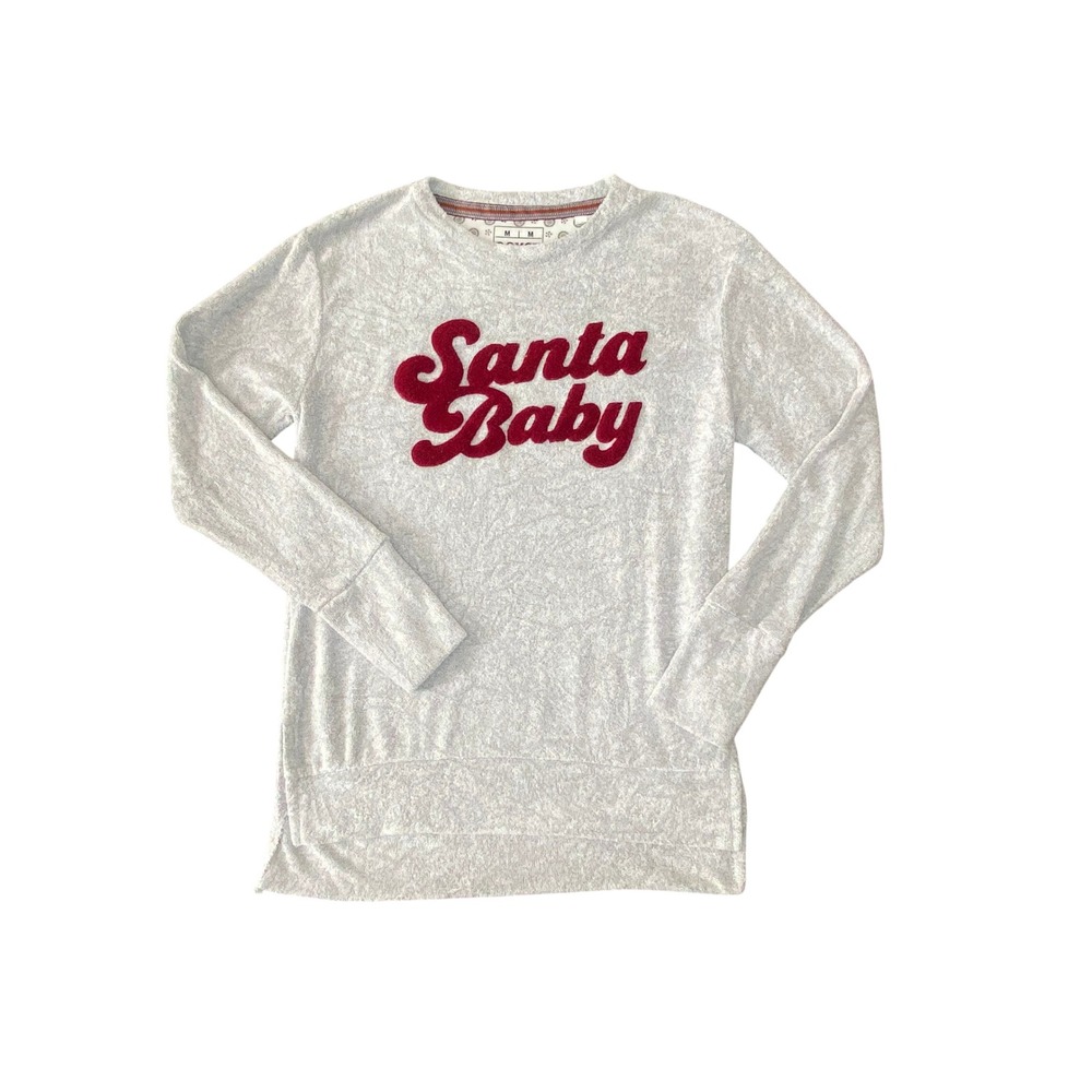 Royce Brand Santa Baby Holiday Top Gray Red Flocked Graphic Long Sleeve Medium